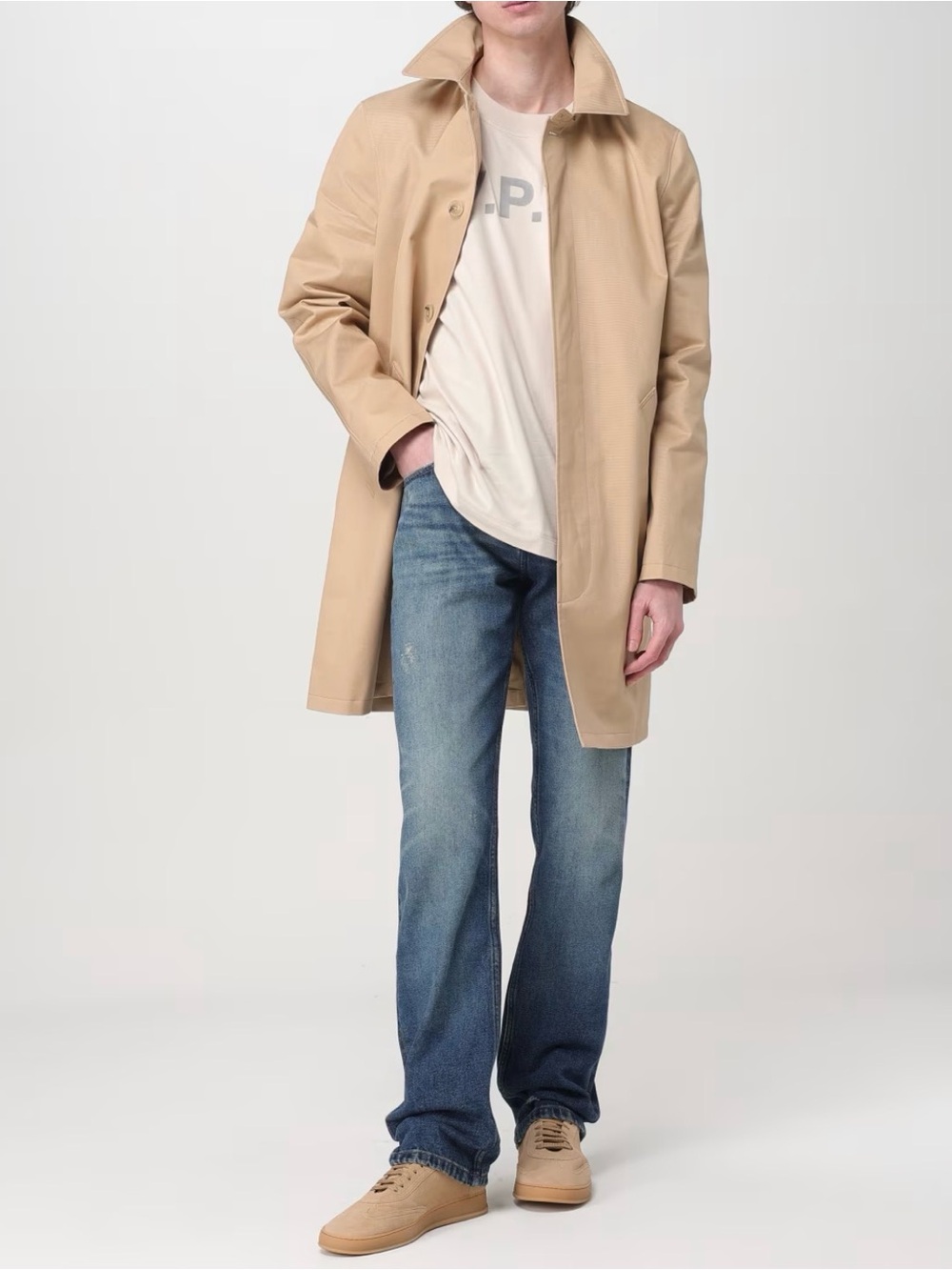 A.P.C. Men's Beige Trench Coat - Minimal Button-Front Jacket
